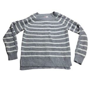 SO Striped Sweater Womens XL Grey White Excellent Braided Sleeve Detail Pullover